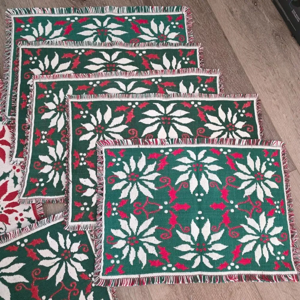 Vintage Poinsettia & Holly Woven Reversible Christmas Placemats Table Runner